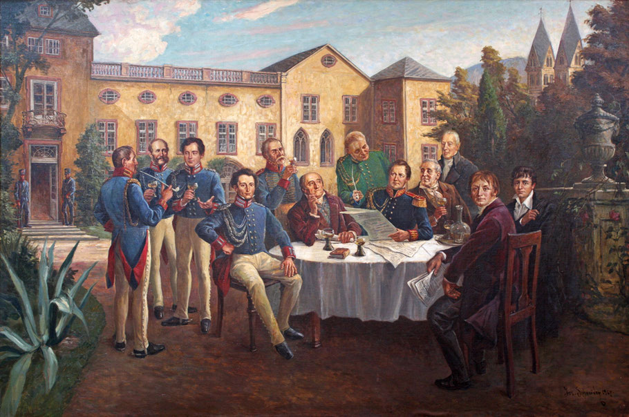 Auf dem Gemälde mit Neidhardt von Gneisenau und Carl von Clausewitz in Koblenz ist auch der frühere Ober-Polizei-Direktor in Stuttgart, Carl Friedrich von Jasmund (3.v.l.) zu sehen. Foto: Bundeswehr/Dirk Bannert
