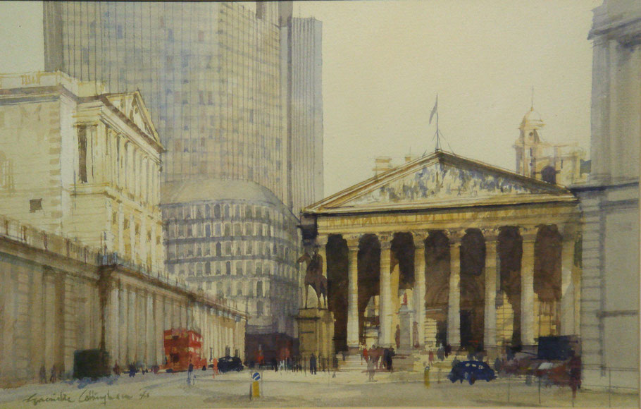 Grenville Cottingham RSMA RBA (1943 - 2007) "The Royal Exchange" dated 1981 watercolour 11 x 17 inches £900. Believed to be his RSMA membership application picture