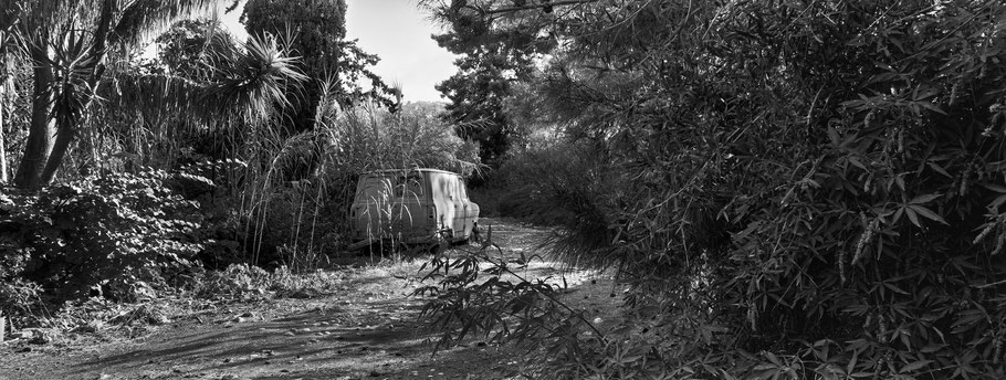 Oldtimer Ford Transit  bei Kardamyli auf dem Peloponnes, Griechenland, als Schwarzweißphoto im Panorama-Format