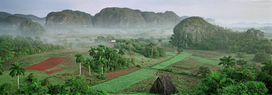 Panoramaaufnahme des Valle de Vinales auf Cuba als Farbfoto