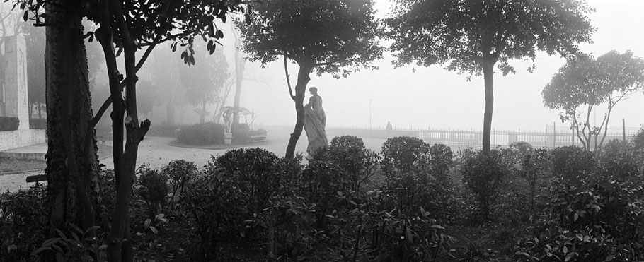 Nebelstimmung im Giardini Pubblici , Venedig, als Schwarzweißphoto im Panorama-Format