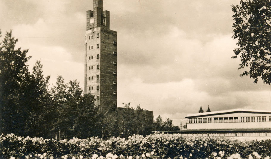 Bauhaus und der Albinmüller-Turm im Blumenmeer