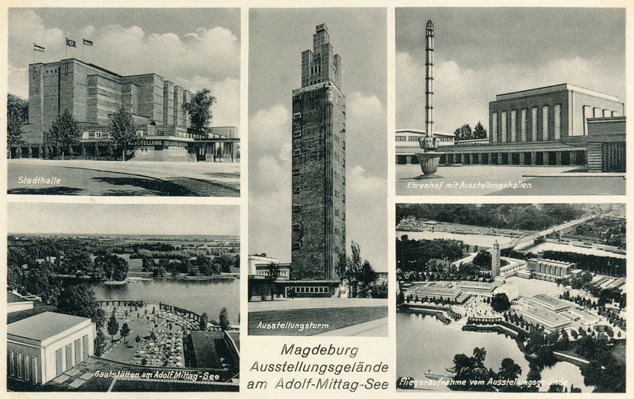Ausstellungsgelände Magdeburg mit Albinmüller-Turm und Stadthalle in der Übersicht