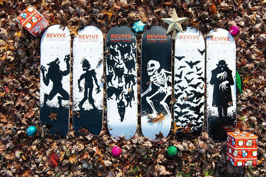 Revive Skateboards Winter 2021 decks VMS Distribution Europe, Germany. Aaron Kyro, Doug Des Autels, Jonny Giger, John Hill, Jason Park, Sam Vestal