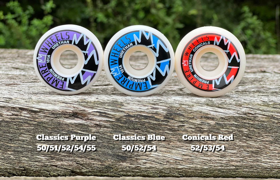 Empire Wheels Classics Purple, Classics Blue, Conicals Red - Premium Skateboard Wheels - Empire Rollen 50mm 51mm 52mm 53mm 54mm 55mm 101A Übersicht