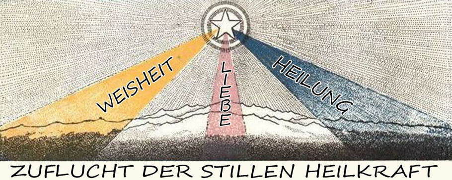 Das Bild zeigt einen weißen, umringten Stern über dem Himalaya, von dem drei farbige Strahlen auf die Erde strahlen. Auf dem linken, gelben Strahl steht "Weisheit", auf dem mittigen, roten steht "Liebe" und auf dem rechten, blauen steht "Heilung"