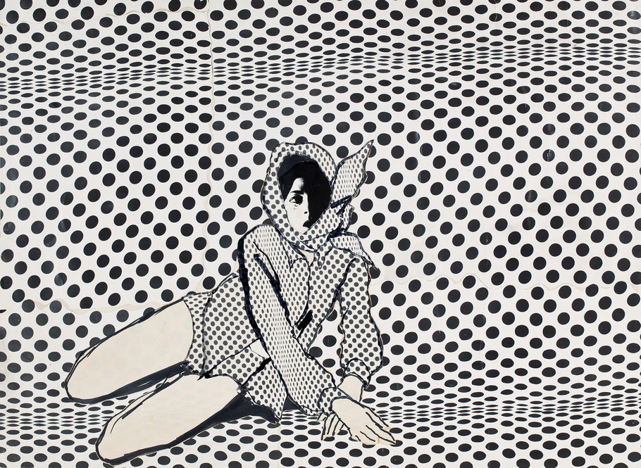 Antonio, Joanne Landis, Carnegie Hall Studio, 1967, veröffentlicht in The New York Times Magazine, Tuschfeder und Collage, 61 x 48 cm, © Courtesy of Estate of Antonio Lopez and Juan Ramos and Galerie Bartsch & Chariau
