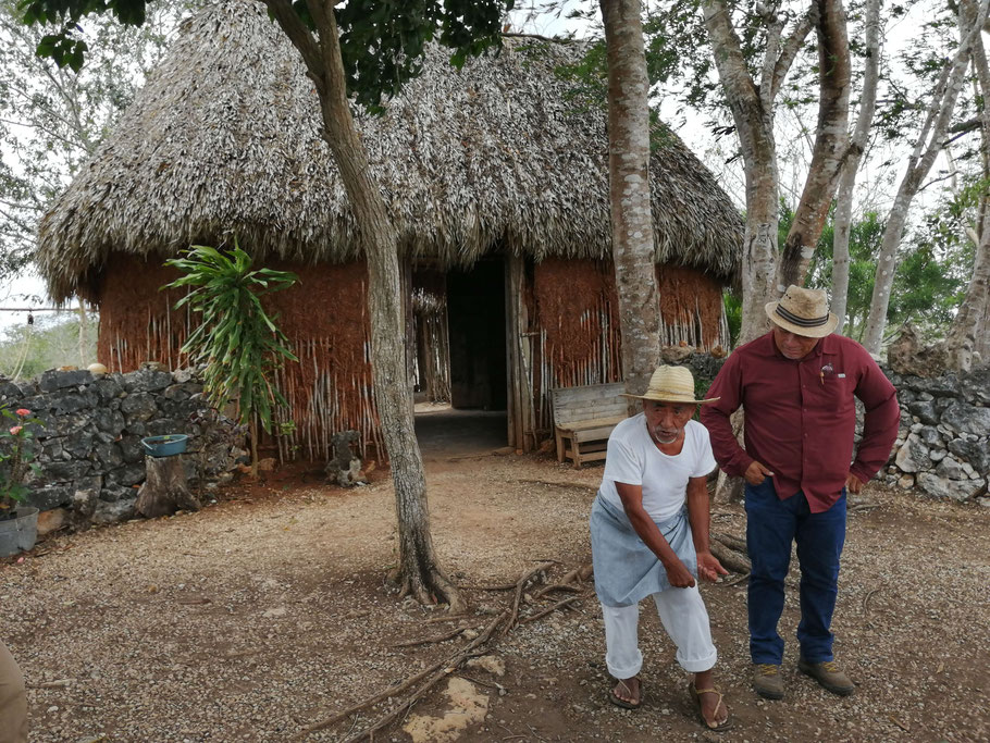 Mexique, Yucatan : hacienda Sotuta de Peón, Don Antonio devant sa hutte