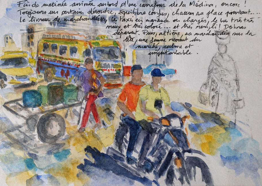 Dakar : la Médina, aquarelle d'Alex Leroux (carnet de voyage Sénégal 2022)