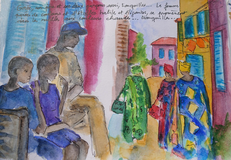 Ruelle à Gorée, aquarelle d'Alex Leroux (carnet de voyage Sénégal 2022)