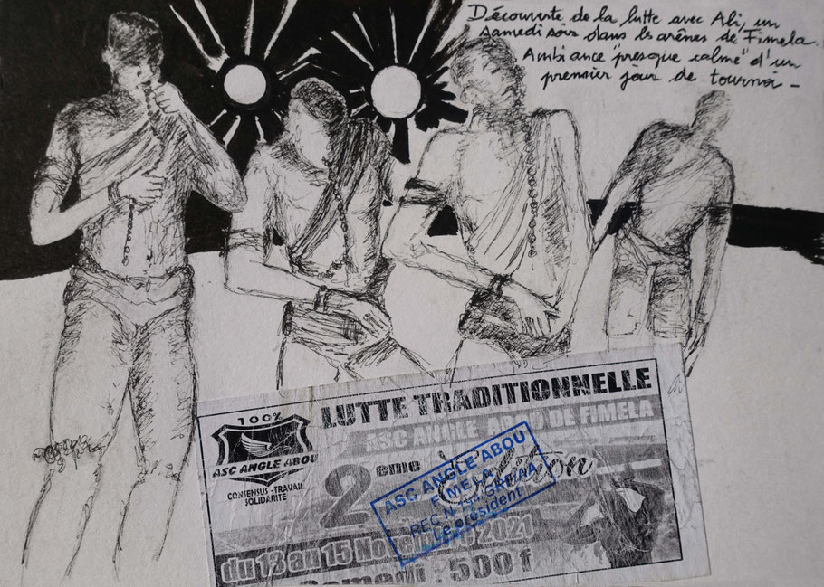 Lutte sénégalaise, aquarelle d'Alex Leroux (carnet de voyage Sénégal 2022)