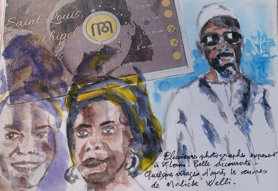 Visages d'après Malick Welli, aquarelle d'Alex Leroux (carnet de voyage Sénégal 2022)