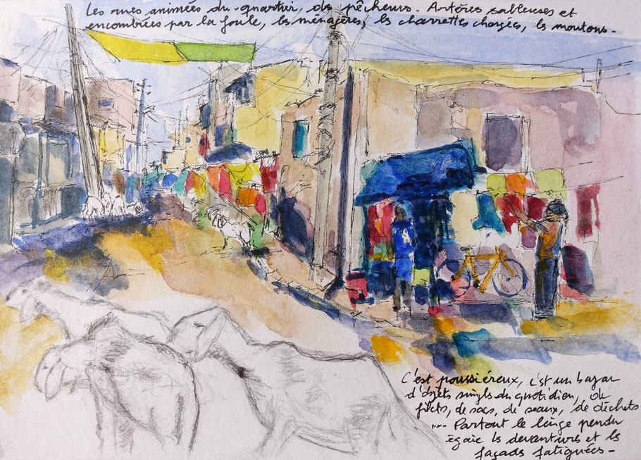 Rue du quartier des pêcheurs de Saint-Louis, aquarelle d'Alex Leroux (carnet de voyage Sénégal 2022)