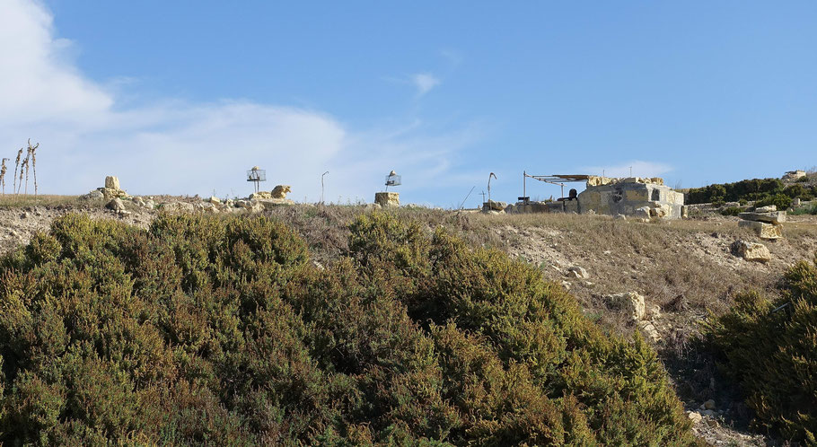 Malte, Gozo : les trappeurs posent des cages à oiseaux au sol ou sur des pieux tout autour de leur petit site de piégeage pour attirer les oiseaux migrateurs
