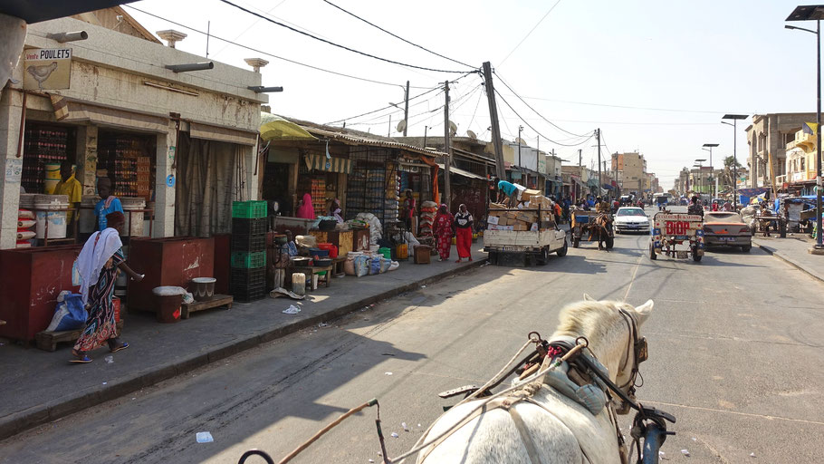 Sénégal, Saint-Louis : avenue Dodds dans le quartier de N'Dar Tout, juste après la rue Alfred Gasconi