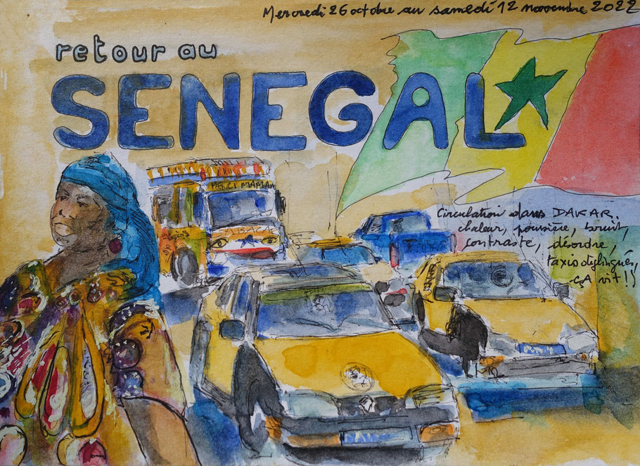 Retour au Sénégal, aquarelle d'Alex Leroux (carnet de voyage Sénégal 2022)