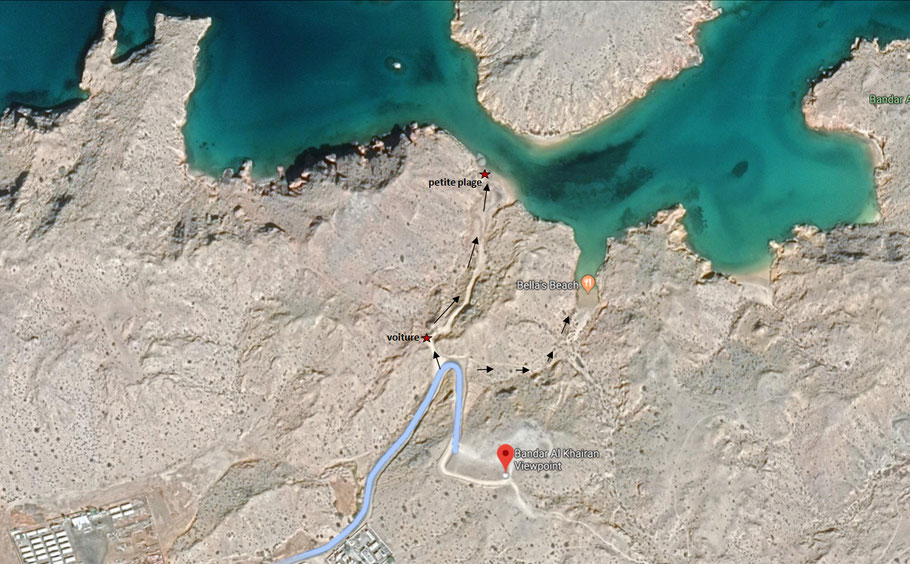 Oman, Mascate : carte de Bandar Al Khairan avec les criques accessibles à pied