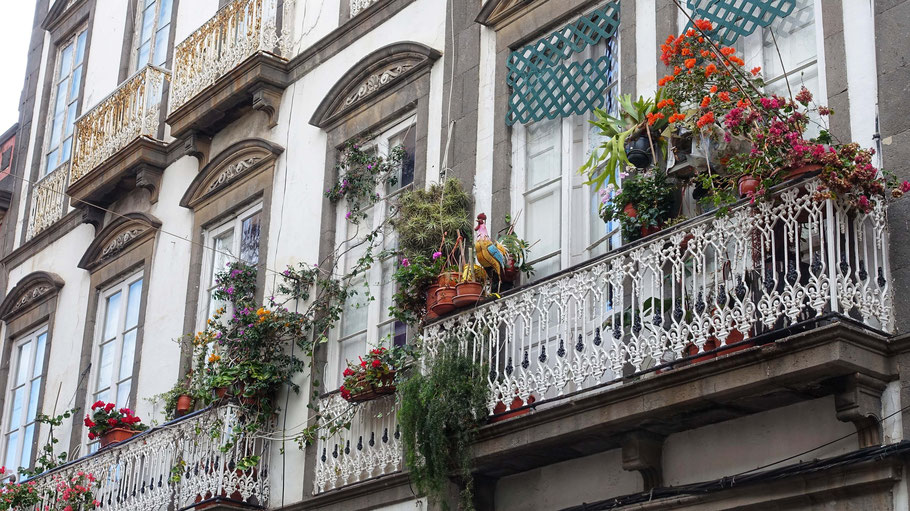 Las Palmas de Gran Canaria : balcons fleuris de la Calle Pelota près du marché de Vegueta