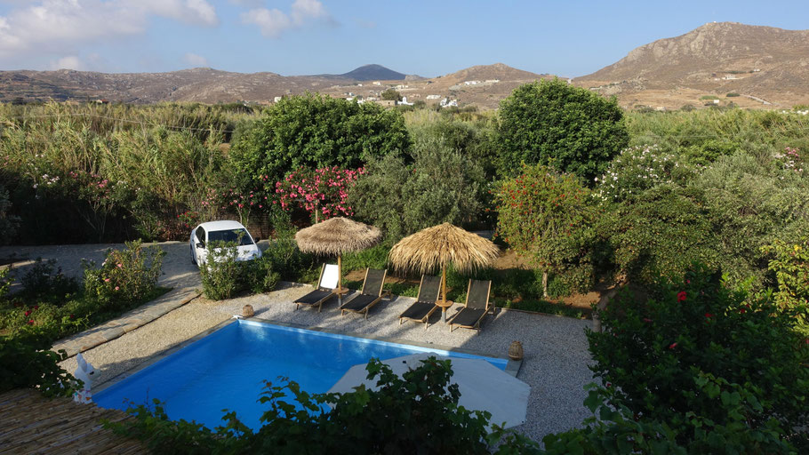 Grèce, Cyclades : Naxos, Maison cycladique Chez Catherine (vue de la terrasse du 1er étage sur la campagne environnante)
