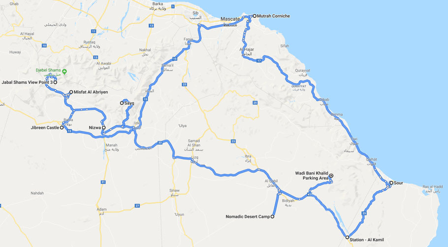 Oman, carte d'un road trip de 8 jours