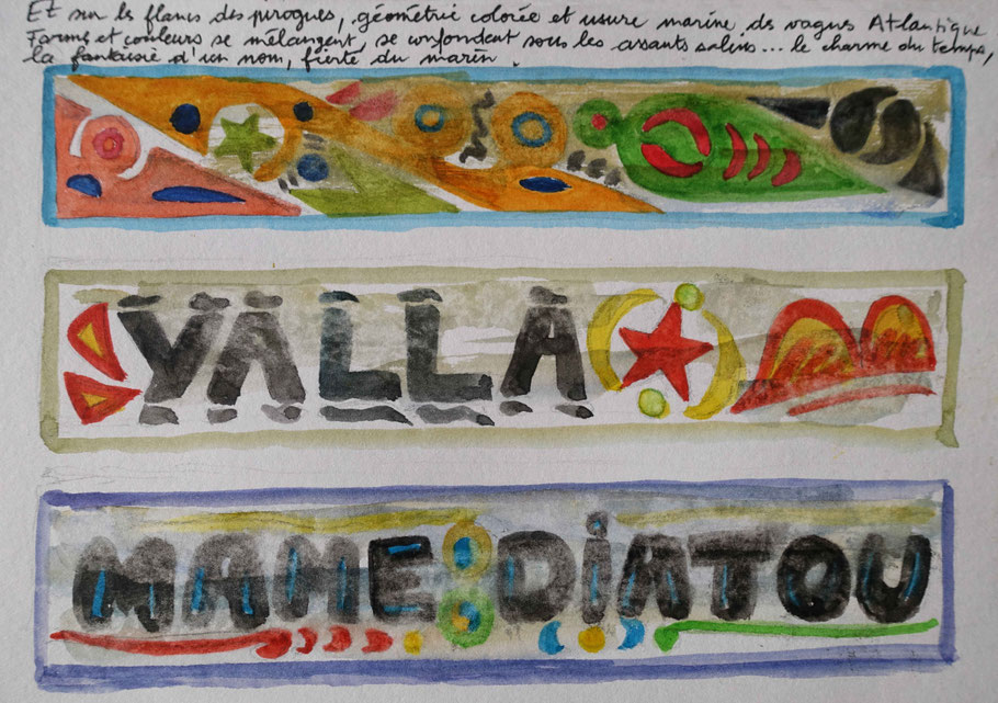 Géométrie colorée des pirogues, aquarelle d'Alex Leroux (carnet de voyage Sénégal 2022)