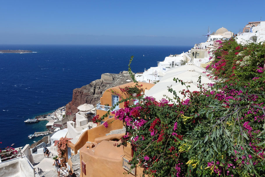 Grèce, Cyclades : Santorin, vue sur le quartier d'Oia surplombant le petit port d'Ammoudi