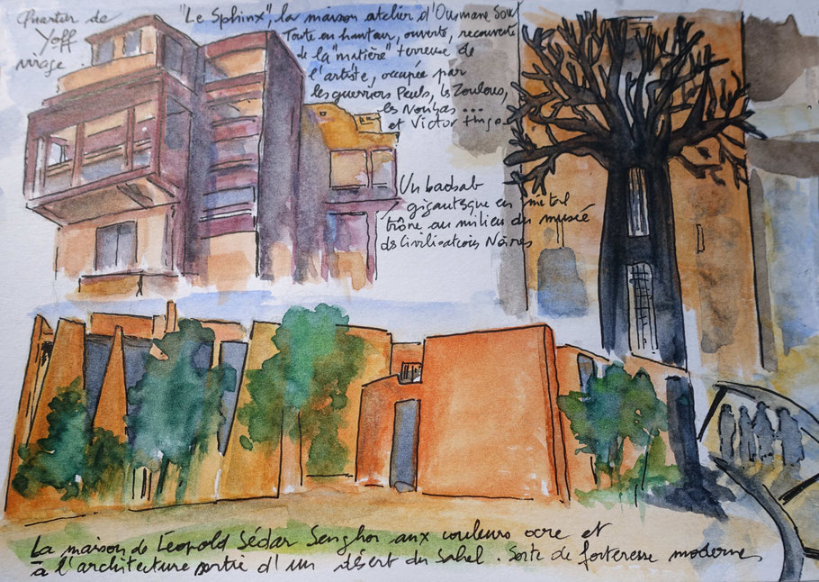 Les maisons de Léopold Sédar Senghor et d'Ousmane Sow, aquarelle d'Alex Leroux (carnet de voyage Sénégal 2022)