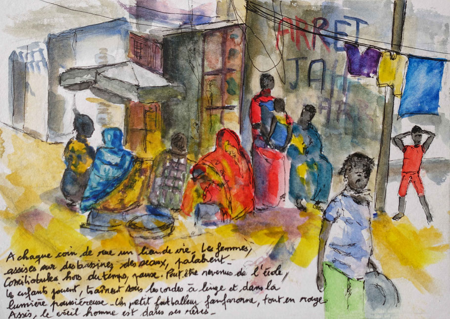 Coin de rue du quartier des pêcheurs de Saint-Louis, aquarelle d'Alex Leroux (carnet de voyage Sénégal 2022)