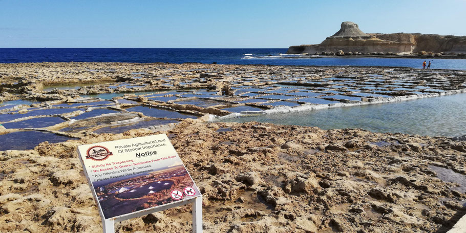 Malte : marais salants et baie de Qbajjar non loin de Malsaforn, au Nord de Gozo