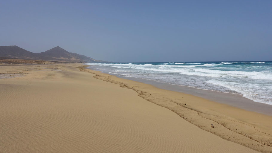 Fuerteventura : la splendide et immense plage de Cofete, aux vagues puissantes et dangereuses