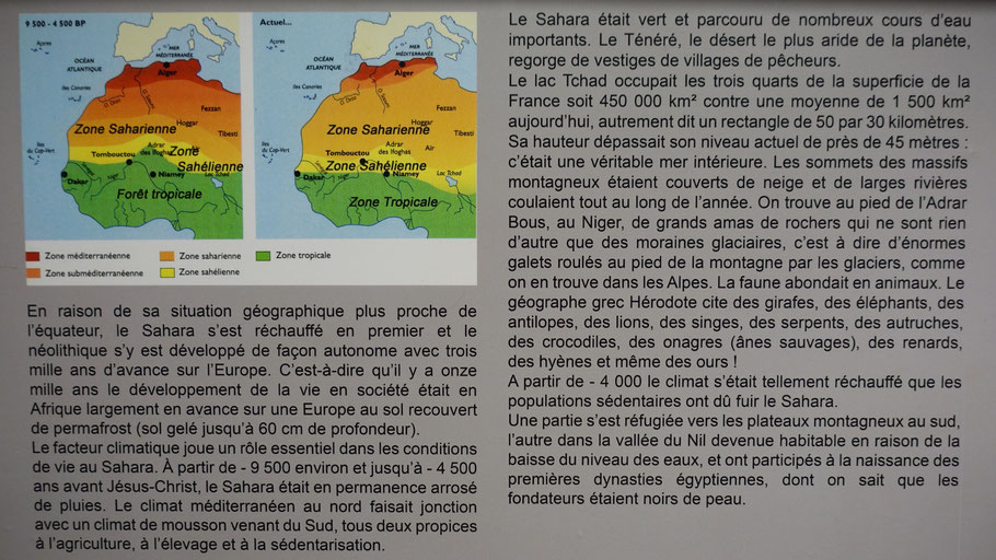 Sénégal, Sine Saloum : panneau explicatif du MAHICAO, le musée de Djilor Djidiack, montrant qu'il y a 11 000 ans, l'Afrique était en avance sur l'Europe