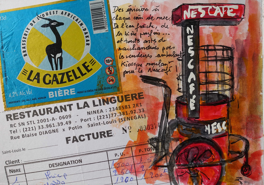 Restaurant La Linguere, aquarelle d'Alex Leroux (carnet de voyage Sénégal 2022)