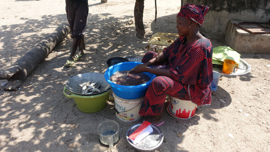 Sénégal, Sine Saloum : femme nettoyant le poisson dans le village de Falia