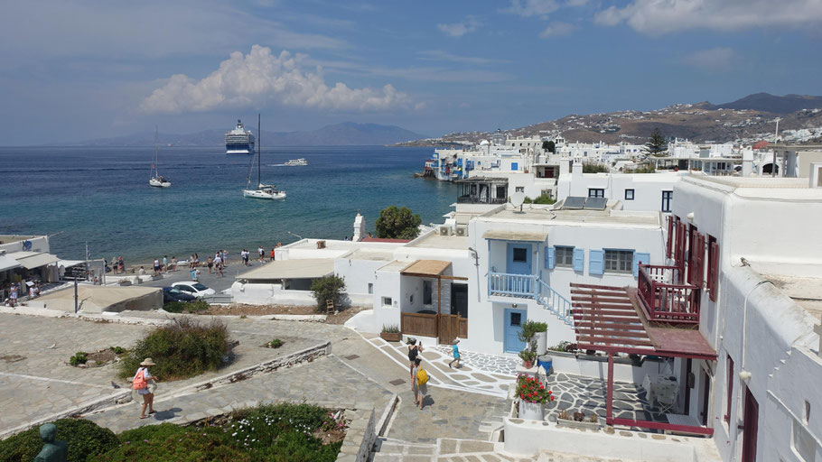 Grèce, Cyclades : Mykonos, vue du balcon de l'appartement SeaBlue Venice l'après-midi