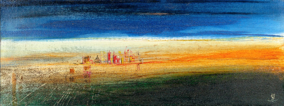 Wandbild Panorama Wüstenstadt, extremes Querformat, abstrakte Malerei von Jopie, Farben Blau Gelb Orange, Ölmalerei