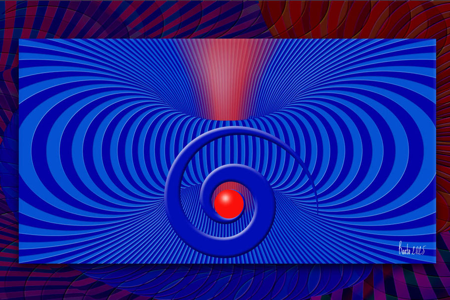 Eine Spirale mit zentralem Anziehungskanal, wo eine rote Kugel herunter fällt. Das Bild ist im OpArt Stil, in der Farbe Blau