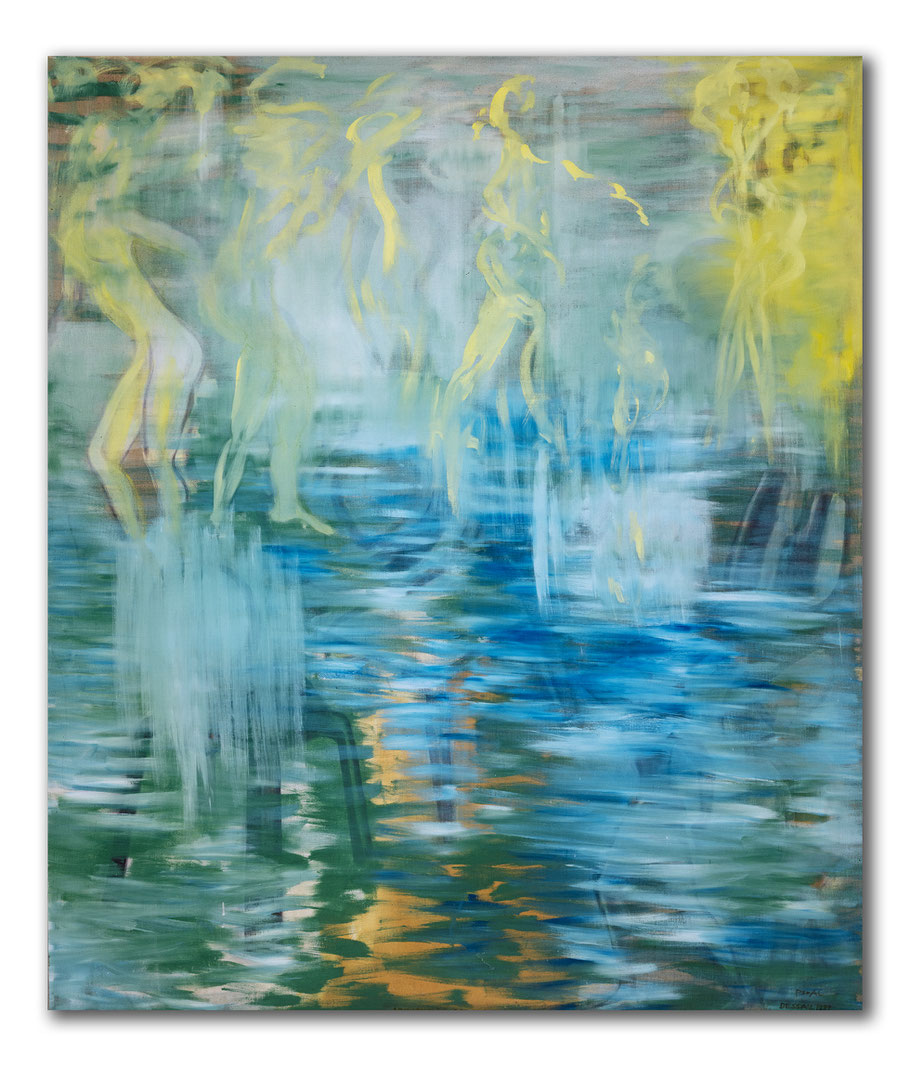 Peter AL Schrader, Nymphen am See, Öl auf Leinwand, 120 x 120 cm, 2020