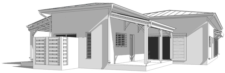Modélisation 3D d’une maison individuelle en Martinique, réalisée par O Coeur des Plans pour un projet dans les DOM-TOM.