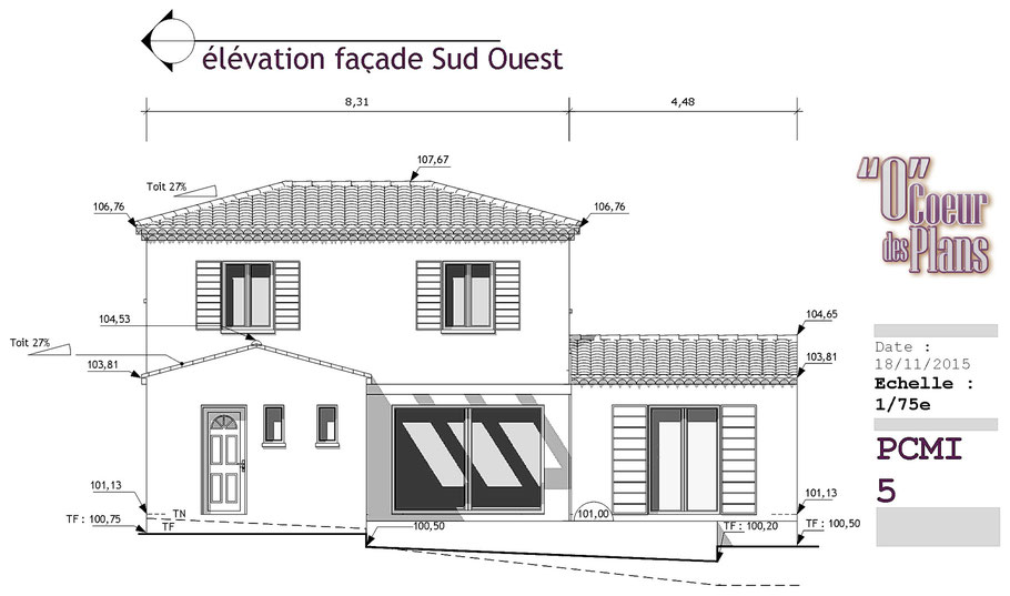 PCMI 5, élévation de façade pour permis de construire, projet réalisé pour GENI Concept Construction, fabricant de maisons traditionnelles à Saint-Raphaël (83700), région PACA, par O Coeur des Plans