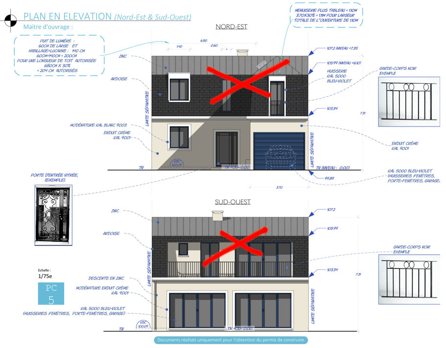 Plan en élévation de permis de construire rejeté par l'Architecte des Bâtiments de France (ABF) à cause d'une toiture mansardée, malgré la conformité au PLU.