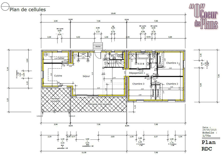 Plan de construction RDC pour permis de construire, projet réalisé pour GENI Concept Construction, fabricant de maisons individuelles à Saint-Raphaël (83700), région PACA, par O Coeur des Plans