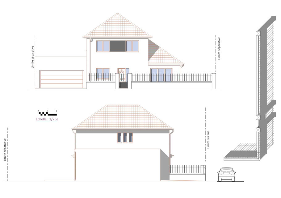 Plan en élévation du portail d’une maison individuelle, DP4 déclaration préalable de travaux, projet à Montreuil-aux-Lions, Aisne (02521)