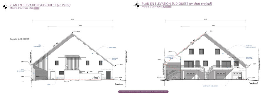 Plan en élévation comparatif état existant et projeté, PCMI 5 permis de construire – O Cœur des Plans