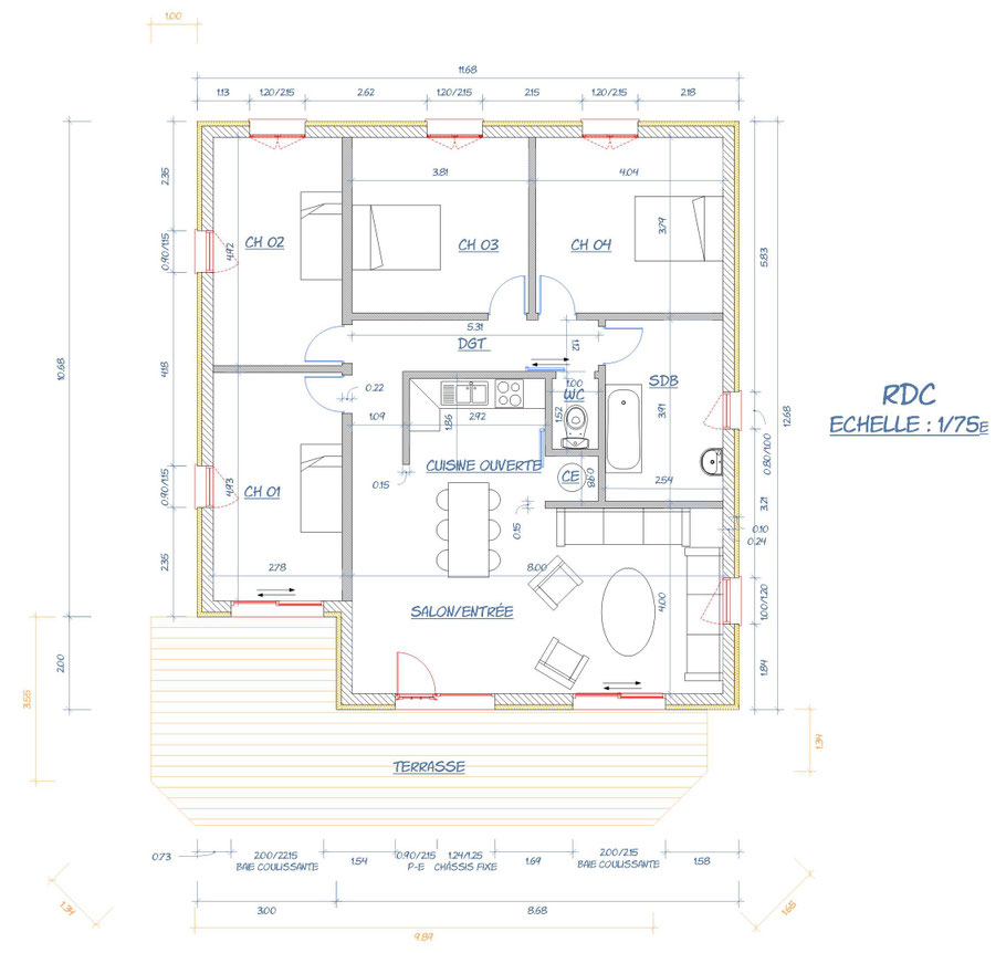Plan en 2D des cellules RDC, projet architectural pour particulier dans le Loiret (45)
