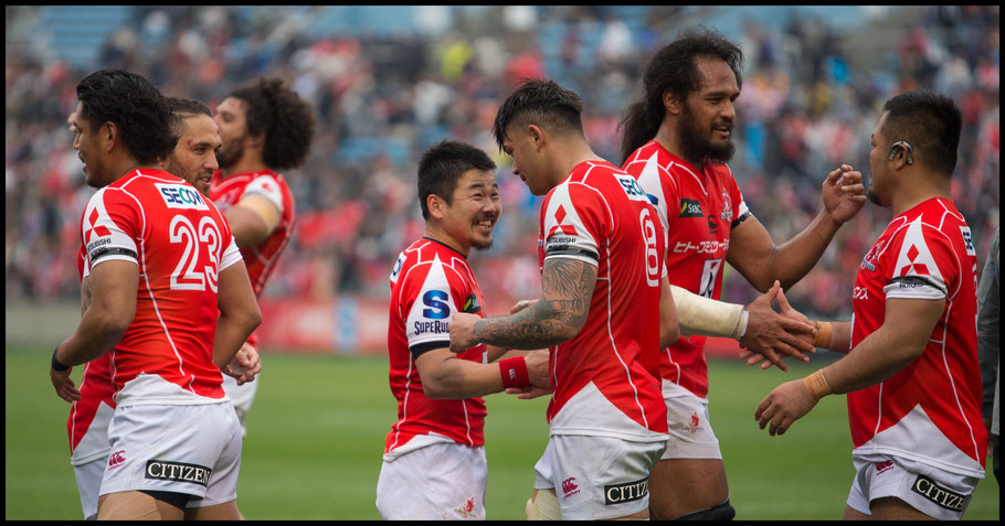 Sunwolves players celebrate the first win of the season — John Gunning, Inside Sport: Japan, April 8, 2017