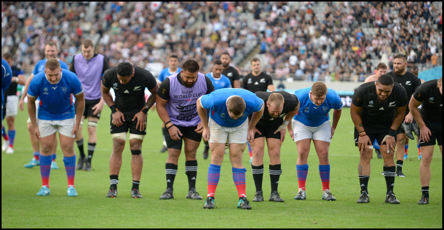 New Zealand and Namibia players bow after the game – John Gunning, Inside Sport: Japan, Oct 6, 2019