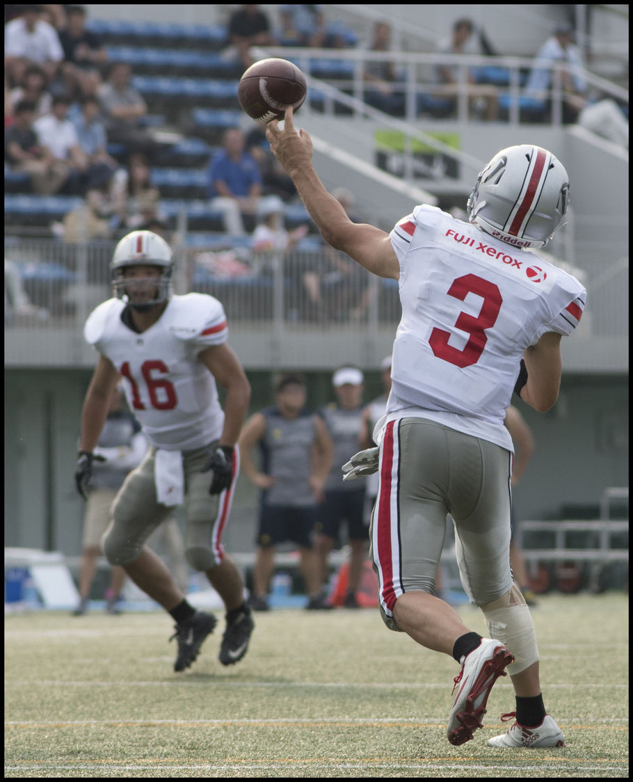 Minerva QB Kento Sasa was intercepted on his team's opening possession - Chris Pfaff, Inside Sport: Japan, Aug 26, 2017