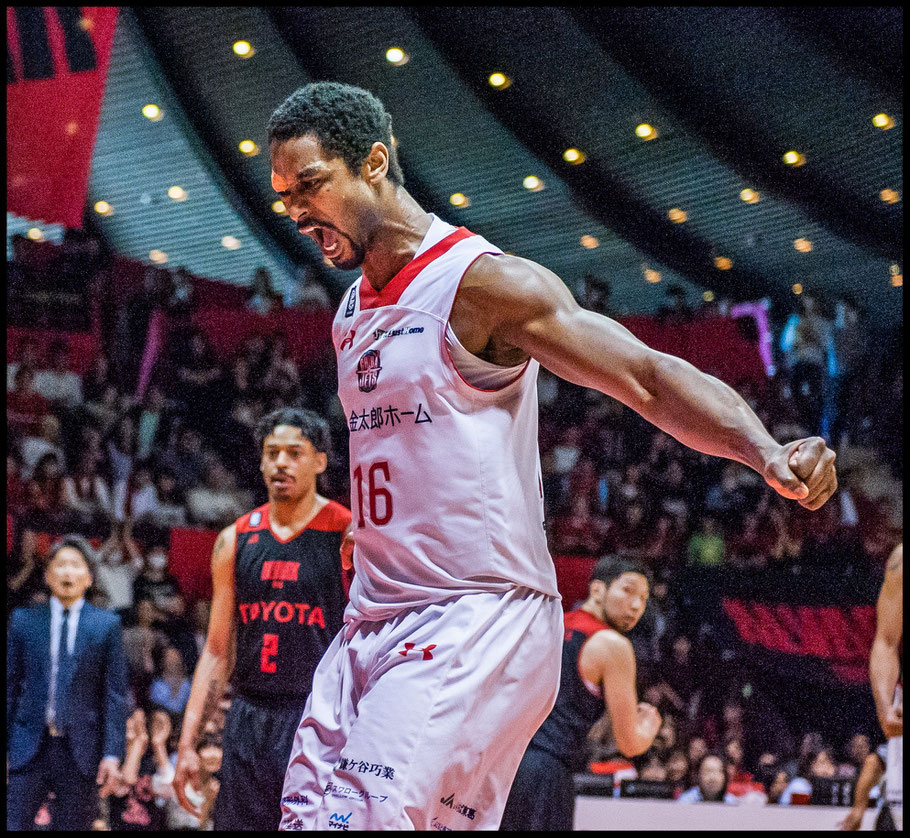 Chiba Jet's Hilton Armstrong celebrates a score — Chris Pfaff, Inside Sport: Japan, April 16, 2017