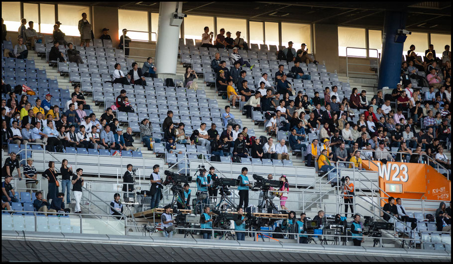 Despite the Japan test match attendance record 46,143, there were large blocks of empty seats in the  the 72,327-capacity Nissan Stadium - John Gunning, Inside Sport: Japan, Oct 27, 2018