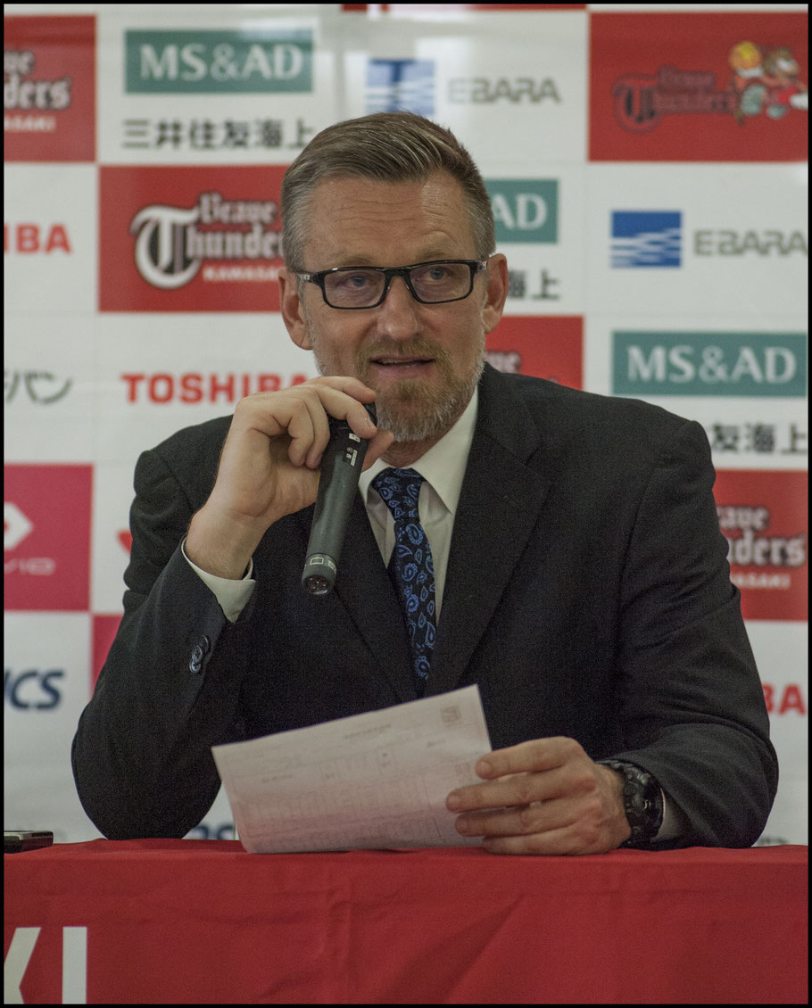 Sunrockers coach B.T. Toews speaks to the media after the game - Chris Pfaff, Inside Sport: Japan, May 6, 2017